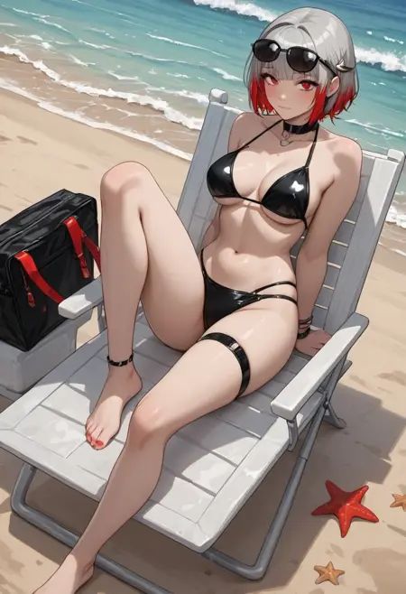 best quality, TemptingSenpai, masterpiece, highres, absurdres, very aesthetic, ultra-detailed, newest, high resolution, official style, detailed background, detailed face, detailed eyes, afterimage,, 1girl, solo, breasts, looking_at_viewer, short_hair, red_eyes, closed_mouth, navel, jewelry, bare_shoulders, sitting, medium_breasts, full_body, collarbone, multicolored_hair, grey_hair, swimsuit, outdoors, red_hair, bikini, alternate_costume, barefoot, day, two-tone_hair, bag, water, feet, bracelet, thigh_strap, toes, legs, black_bikini, ocean, sunglasses, chair, beach, toenails, knee_up, on_chair, unworn_eyewear, starfish, feather_hair, eyewear_hang, folding_chair