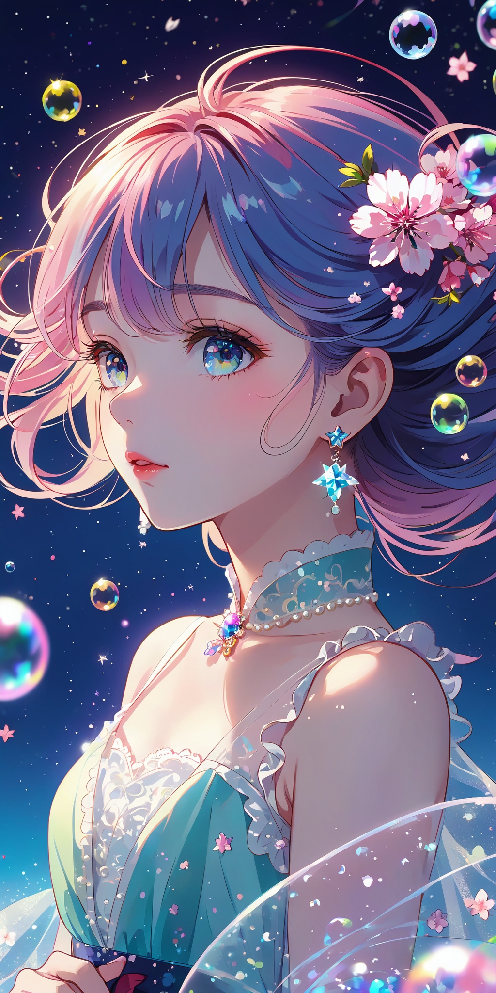 Best quality,masterpiece,(ultra-detailed), (illustration), 1girl, mixed-blood, stars in the eyes, cherry blossoms, messy floating hair, crystal earrings, colored inner hair, Starry sky adorns hair, (colorful Bubble), (pearl), (Galaxy), depth of field, upper body, lace-trimmed dress
