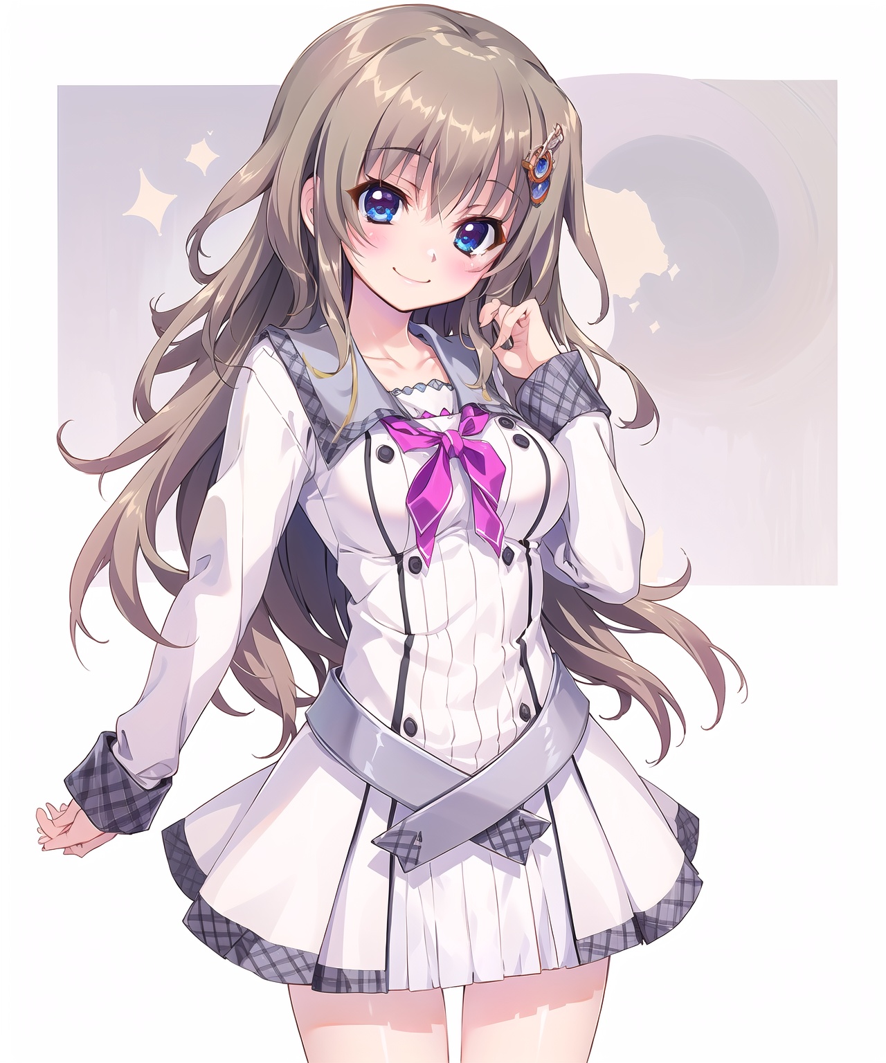 kujoumiyako,kujoumiyako school uniform,brown hair,blue eyes,(looking at viewer:1.2),cowboy shot,smile,blush,, masterpiece,best quality,