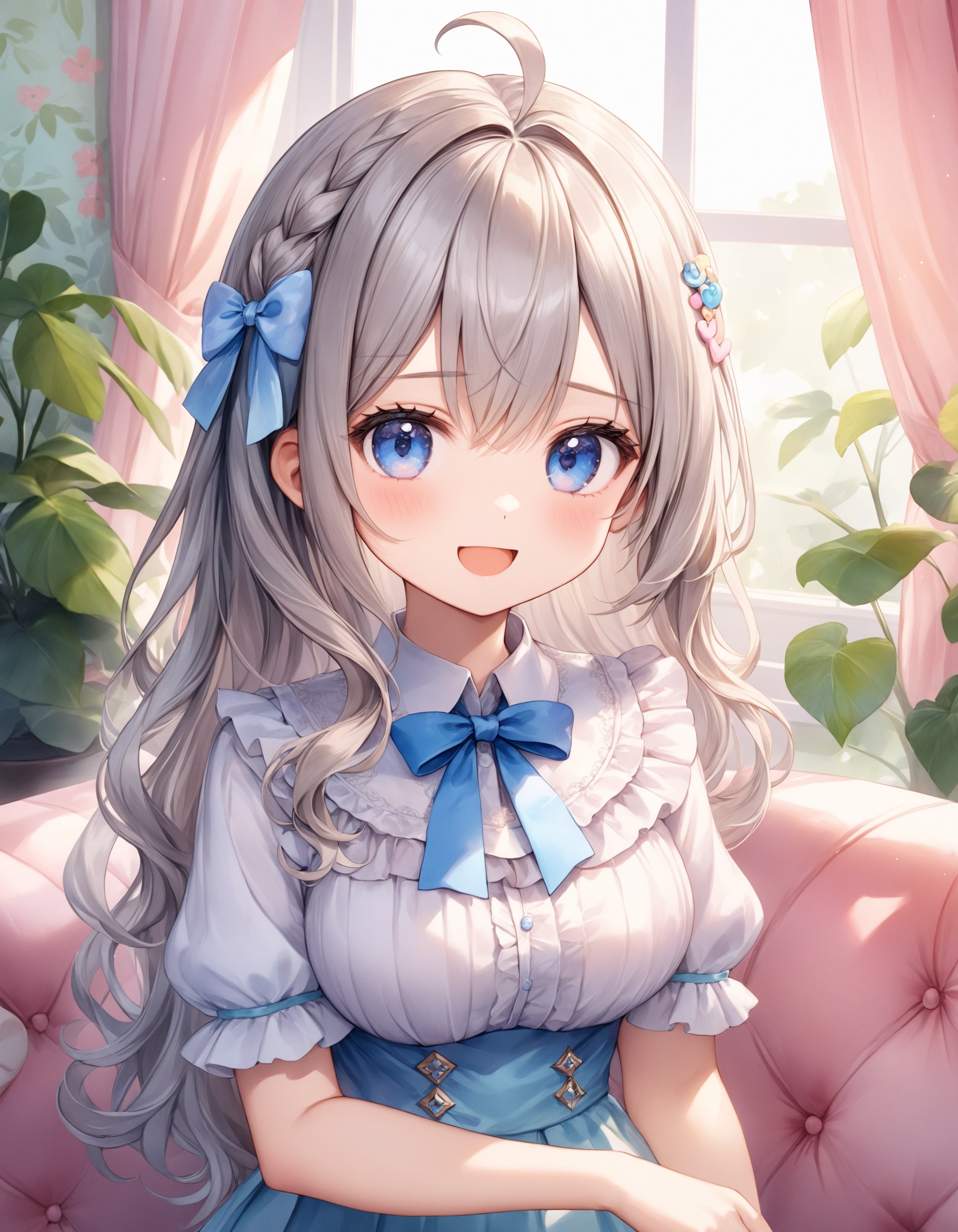 Portrait. Face focus. Shooting from front. A cute girl. . . Detailed dark-blue eyes. Long wavy hair with big ribbon hair o...