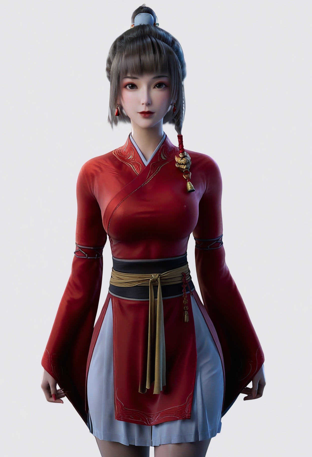 score_9,<lora:SF_FangXiaoLin_Pony_Realism2.3-000004:0.7>,1girl,solo,standing,chinese clothes, short skirt,long sleeves,breasts,large breasts,red lips,jewelry,hair ornament,earring,looking at viewer,white background,