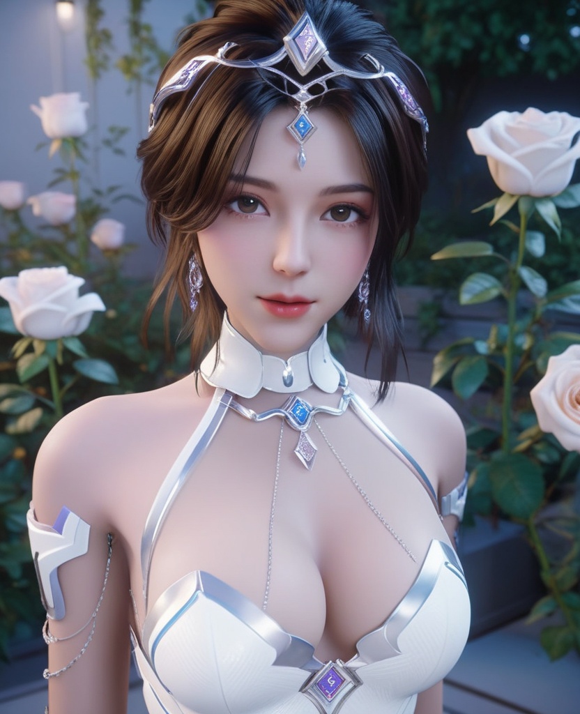 <lora:613-DA-XL-神印王座-白玥:0.8>(,1girl, ,best quality, ),looking at viewer,masterpiece, (( , )),, realistic,science fiction,mole, ultra realistic 8k cg, sun ,  rose,(cleavage), (),