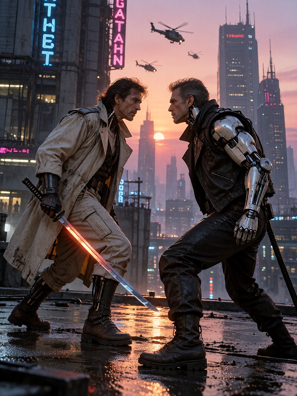 Two ***** rival cybernetic assassins facing each other on a wet skyscraper rooftop at dawn,  one with a razor-thin glowing...