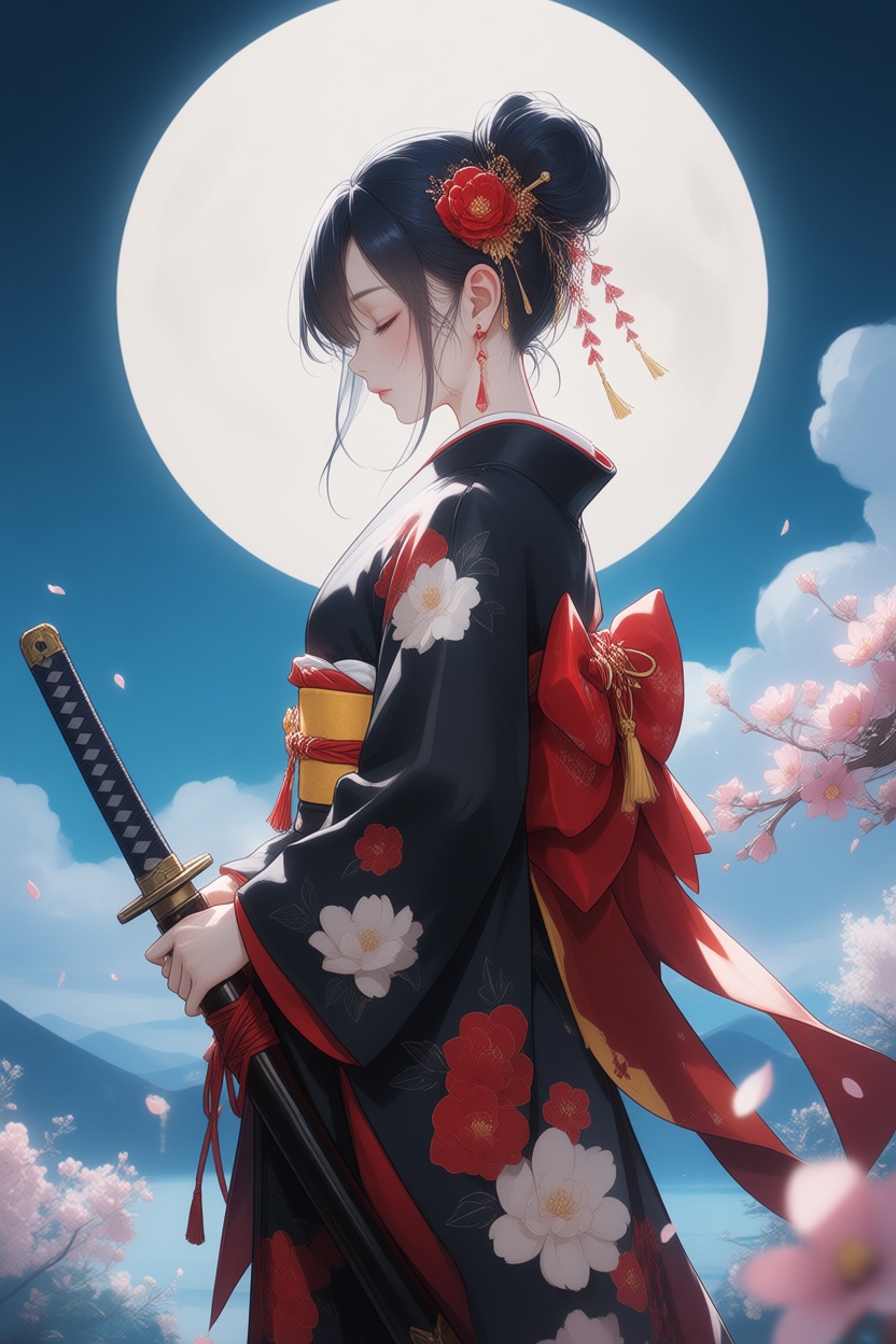1girl,  black_hair,  black_kimono on Tensor.Art