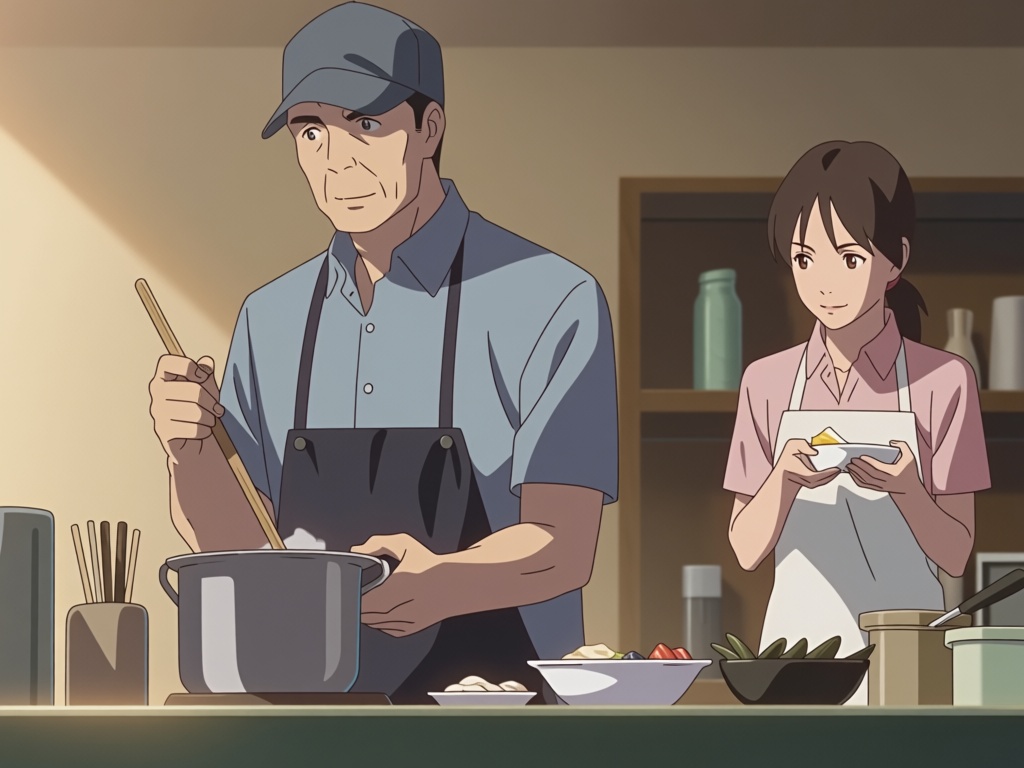 Framed in 2:1 widescreen format,  this scene from Flavors of Youth captures a wide interior shot of a traditional noodle s...