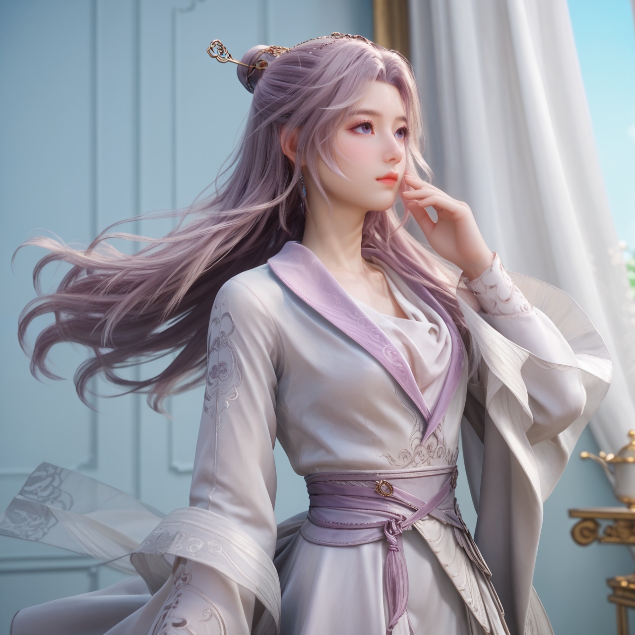 score_9,score_8_up,score_7_up,score_6_up,best quality,detailed clothes,masterpiece,8k,simple background,sfw,rim light,perfect hands,<lora:云霄-师兄啊师兄-pony:0.8>,yunxiao,1girl,dress,solo,hair ornament,long sleeves,looking up,hand on hair,wind,wind lift,in white palace,curtains,