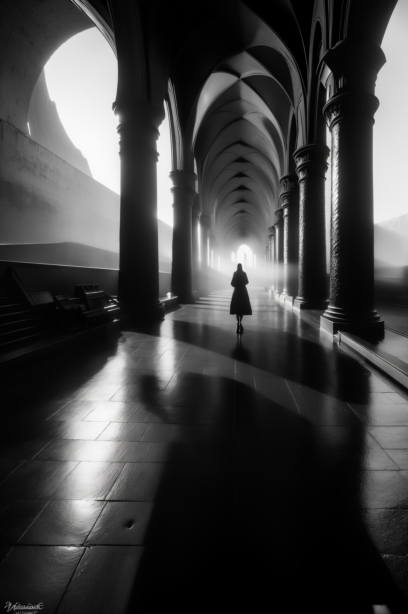 (masterpiece, top quality, best quality, official art, beautiful and aesthetic:1.2) ,cover art, film noir style (Dettifoss:1.1) from inside of a St. Basil's Cathedral, it is [Spiritual|Potent] and Stunning, monochrome, high contrast, dramatic shadows, 1940s style, mysterious, cinematic