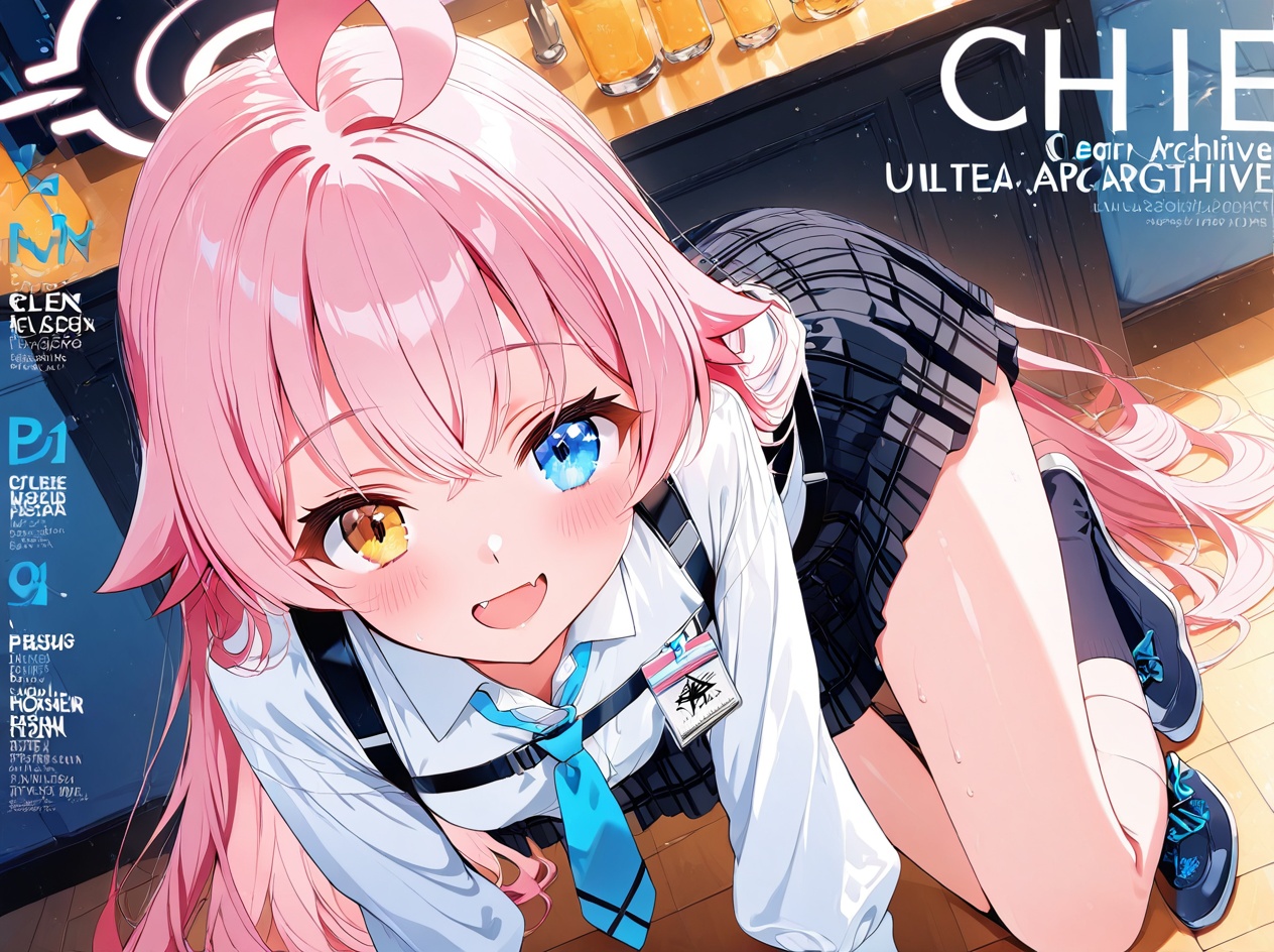 hoshino (blue archive),O,1girl, hoshino (blue archive), solo, heterochromia, pink hair, skirt, long hair, ahoge, shirt, necktie, halo, blue eyes, fang, white shirt, very long hair, long sleeves, plaid, plaid skirt, sitting, harness, blue necktie, smile, looking at viewer, chest harness, collared shirt, hair between eyes, open mouth, white socks, socks, bangs, yellow eyes, black skirt, :d, pleated skirt, indoors, puffy long sleeves, dutch angle, blush, window, puffy sleeves, id card, night,(aesthetics ),masterpiece,best quality,ultra high definition,32K resolution,clear focus,delicate details,high-end texture,fashion photography,film perspective,rich colors,color palette,advertising style,tension composition,masterpiece,mild atmosphere,latest,dynamic Dutch perspective,transparent composition,magazine cover,cover,