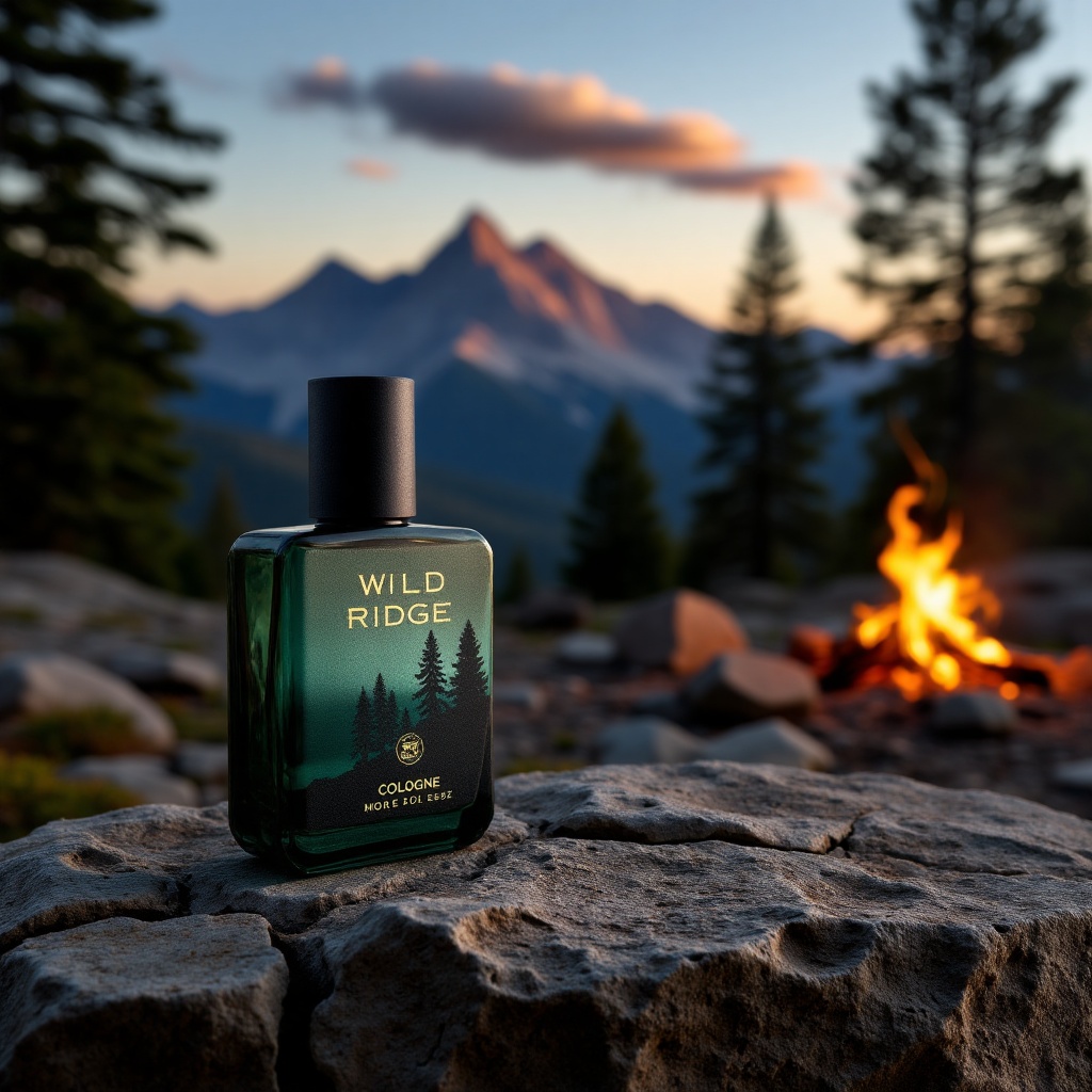 Product Shots,The rugged mountain dawn breaks with crisp clarity,pine trees stand tall against the horizon,a cool breeze carries the scent of earth and wood,and a distant campfire crackles,hinting at untamed adventure. In the foreground,a bottle of "Wild Ridge Cologne" sits boldly on a weathered stone. Its sleek design blends deep forest green with smoky charcoal hues,etched with faint lines of rugged terrain,symbolizing strength and the call of the wild. The precise artistry of the perfumer distills the essence of this untamed landscape into every spritz,delivering a rich,woody aroma and the invigorating pulse of the outdoors with every wear.,