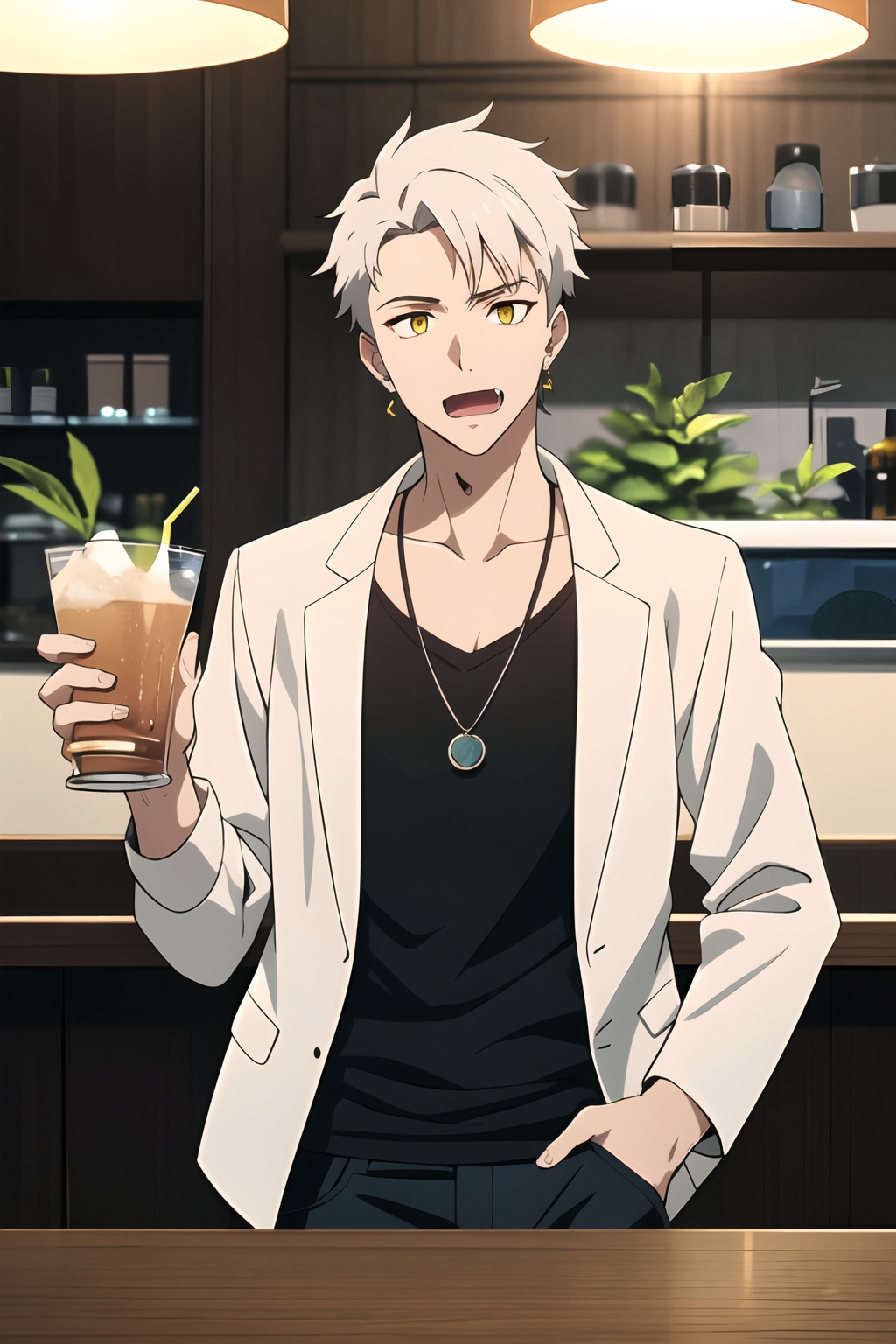 1boy,male focus,holding drink,holding,drink,toned male,toned,pectorals,jacket,open jacket,open clothes,**** top,chain necklace,necklace,stud earrings,earrings,jewelry,cafe,plant,indoors,lens flare,solo,looking at viewer,open mouth,fang,white hair,yellow eyes,short hair,best quality,amazing quality,best aesthetic,absurdres,year 2023,