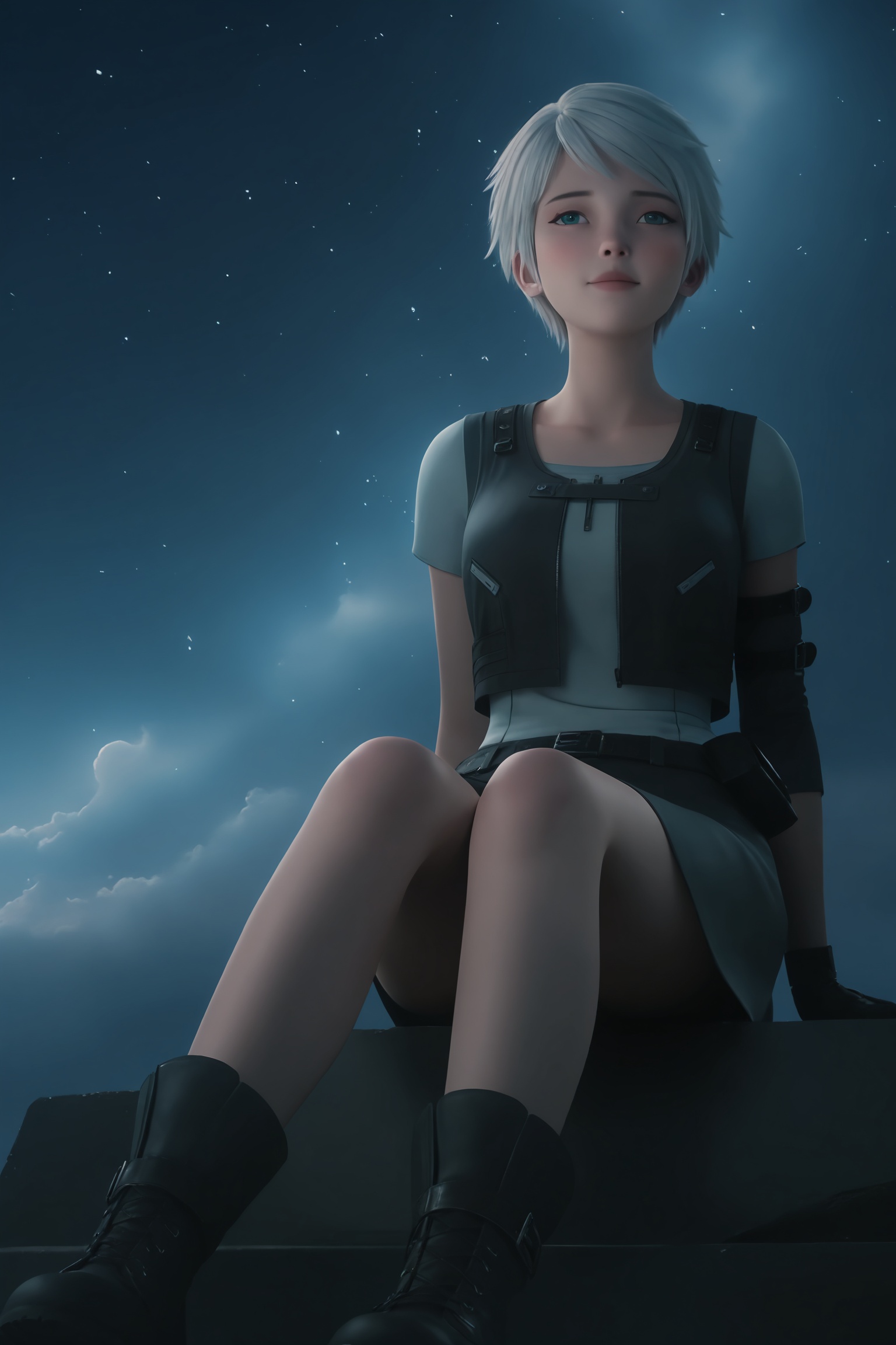 best quality,emotional lighting,cinematic composition,clean space,ethereal,soft light catching the subtle details of her face,<lora:灵笼-冉冰IL:0.7>,1girl,short,tousled white hair,blue eyes,dark,form-fitting outfit consisting of a sleeveless grey shirt,black vest,knee-length black skirt. black fingerless gloves,black combat boots.,
