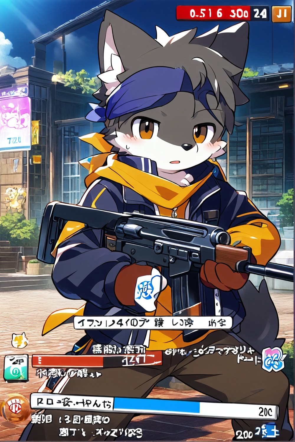 furry,1boy,random action,game ui,status_bar,game style,<lora:Akira茗:0.5>,