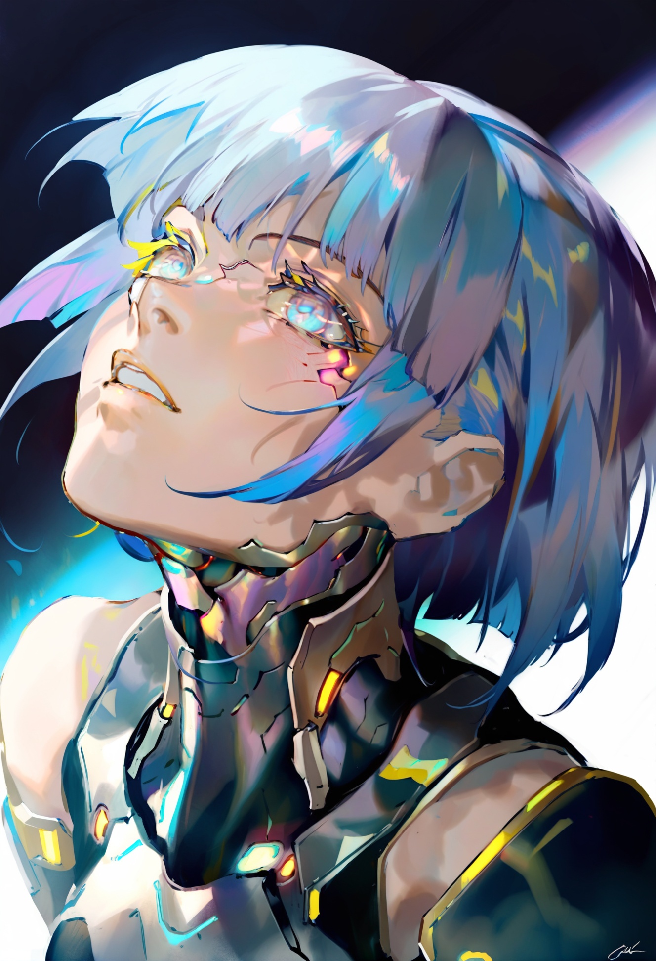 masterpiece, best quality, solo, lucy \(cyberpunk\), 1girl, looking up, black background, short hair, bangs, signature, parted lips, cyborg, portrait, blue eyes, cyberpunk  <lora:REIKOXLlokr8f:1>