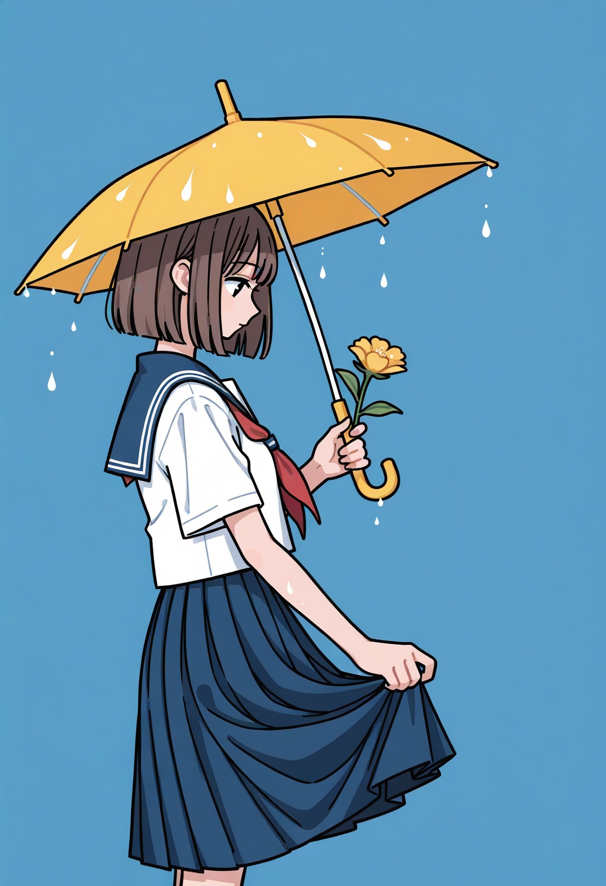 1girl,aqua umbrella,blue background,blue sailor collar,blue skirt,blunt ends,brown hair,flower,from side,holding,holding flower,holding umbrella,looking at object,neckerchief,profile,red neckerchief,sailor collar,school uniform,serafuku,shirt,short hair,short sleeves,simple background,skirt,skirt hold,solo,umbrella,water drop,white shirt,yellow umbrella,
