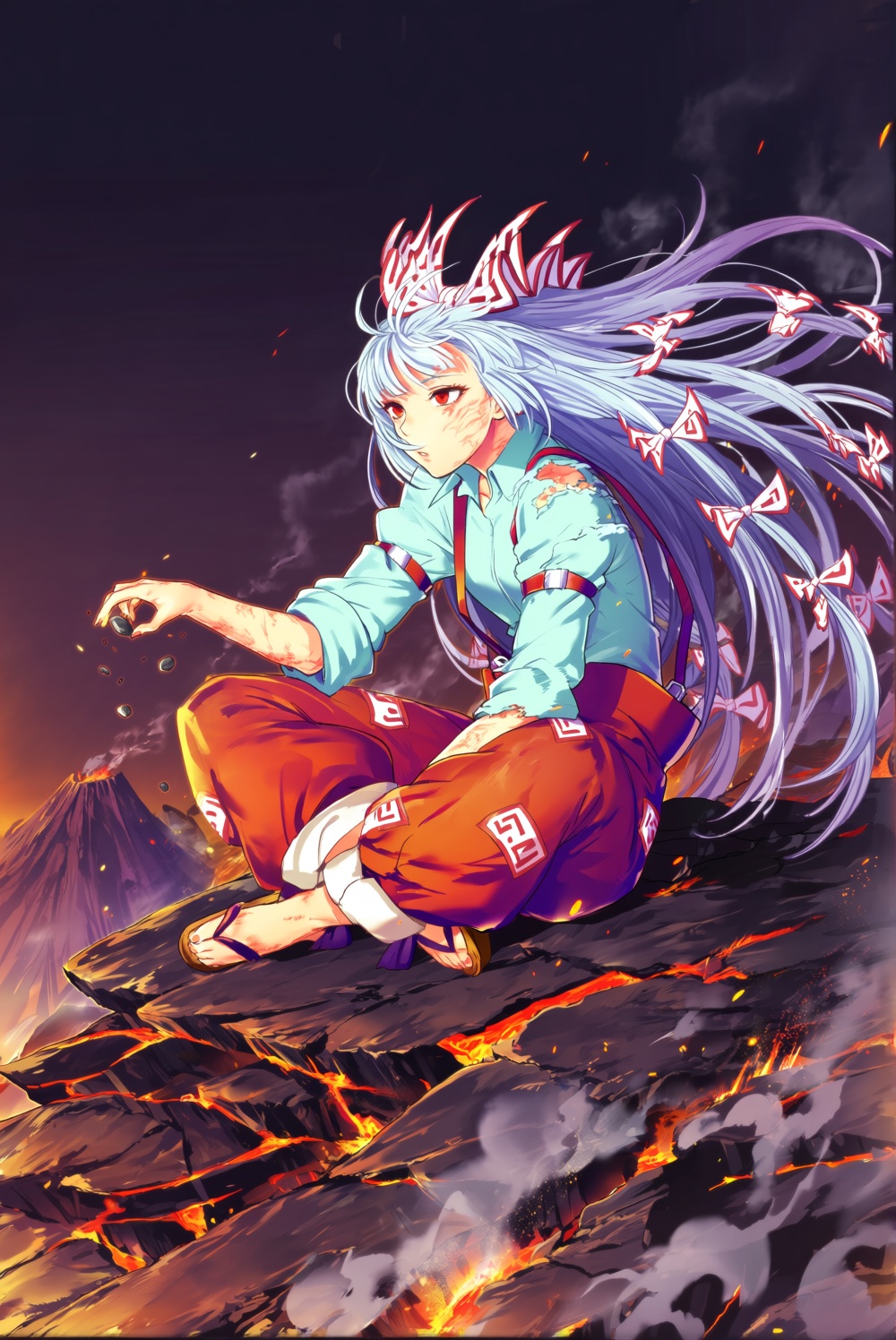@cibo \(killy\). Fujiwara no Mokou sits cross-legged atop a scorched boulder on a volcanic ridge,  her long silver-white h...