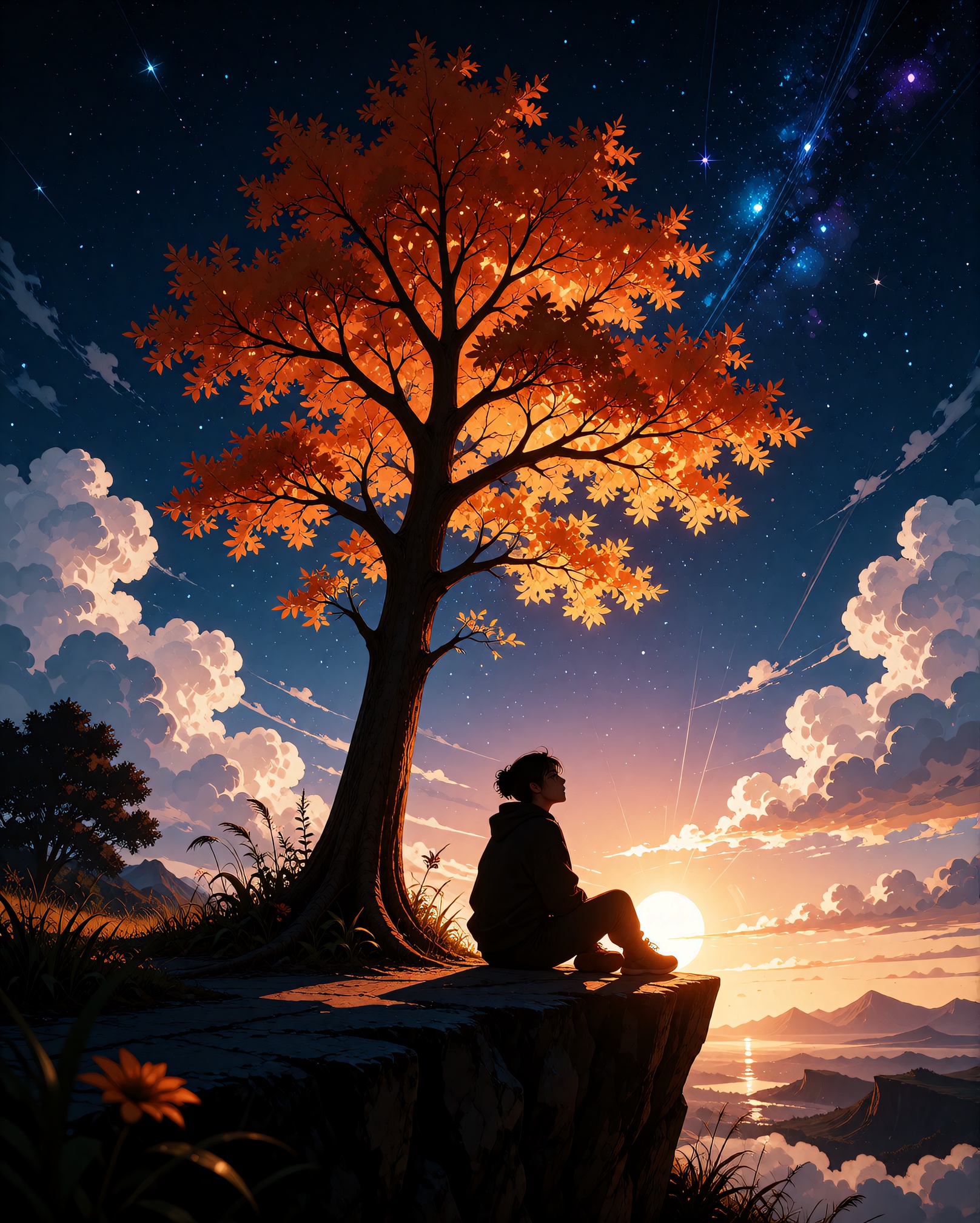 The image is a digital illustration shoot from a low angle,  depicting a surreal landscape with a silhouette of a person s...