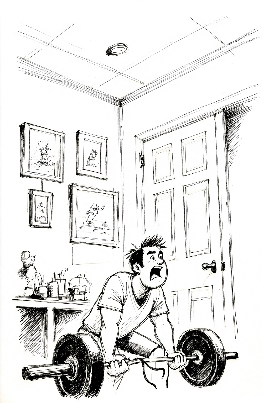 beijihui,A black and white sketch of a man holding a barbell in his hands. The man is wearing a short sleeve shirt. The barbell is resting on his right arm. The handle of the barbell has a black wire attached to it. There is a white door to the right of the man. There are pictures on the wall to the left of the image. The ceiling above the man is white.