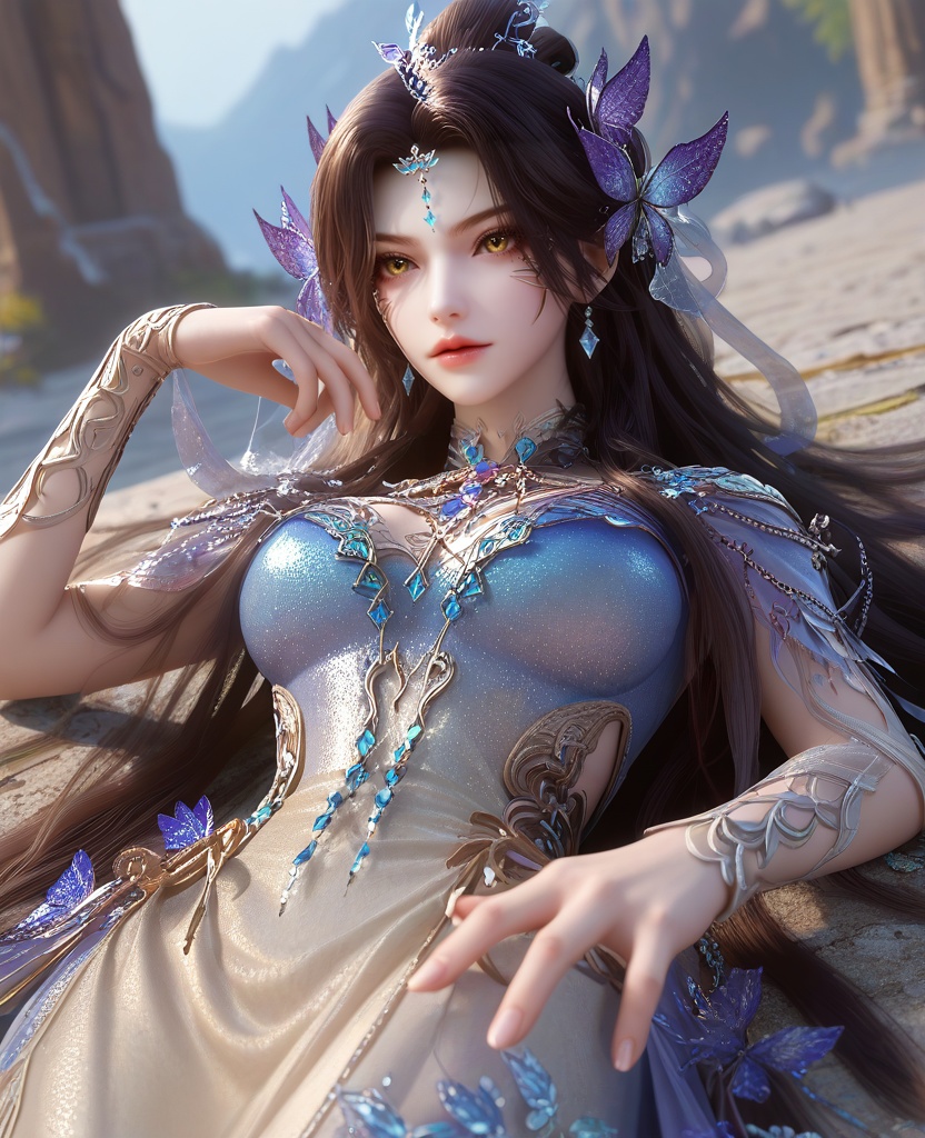(Lying down, propped up on one elbow, with a finger resting against her lips, she exudes mystery and ancient allure:1.1),(large breasts:1.2),<lora:XL16云深不知梦羲和四象归一:0.95>,miss xihe,blue-violet to white ombre gown,yellow eyes,forehead pendan,black hair,traditional chinese updo with long front strands,absurdly long hair,hair ornament,jewelry,elbow gloves,butterfly embellishments,crystal gown hemline,, score_9,score_8_up,score_7_up,score_6_up,score_5_up,score_4_up,3d rendering,tag1,tag2, Cinematic Lighting,backlighting,
