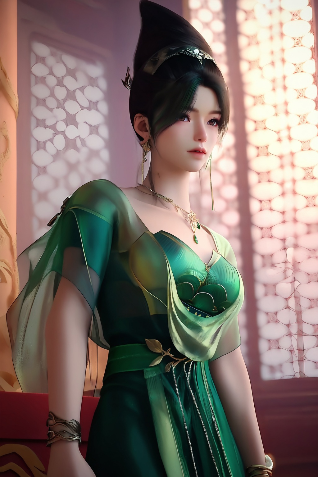 (looking at viewer:1.1),<lora:XL16神国之上唐雨:0.95>,miss tangyu,green corset dress,sheer overdress,brown eyes,black hair,green streaked hair,hair updo,necklace,bracelet,jewelry,(large breasts:1.2),, score_9,score_8_up,score_7_up,score_6_up,score_5_up,score_4_up,3d rendering,tag1,tag2, Cinematic Lighting,backlighting,