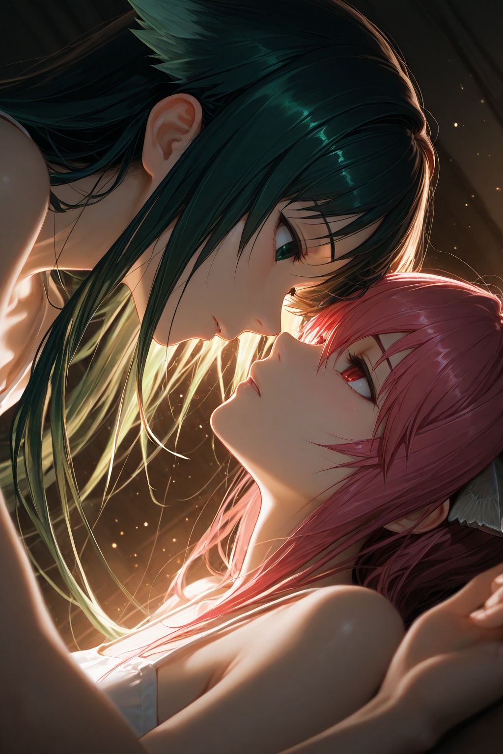 masterpiece,best quality,amazing quality,very aesthetic,absurdres,newest,extreme aesthetic,in the style of fashion photography,light particles,cinematic lighting,Visual impact,sharp focus,Emotionalization,depth of field,dutch angle,scenery,1girl,saya \(saya no uta\),saya no uta,2girls,lucy \(elfen lied\),elfen lied,segmentation,fusion,two girls face to face,