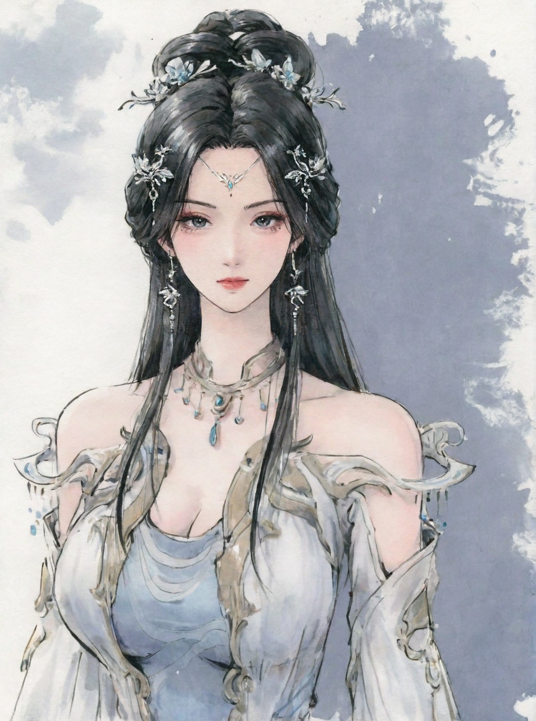 ((very awa)),solo,highly detailed,(best quality),((masterpiece)),1girl,<lora:鸽正则nbXL:0.4>,ge,chi,<lora:chi正则100nbXL:0.7>,traditional media,painting \(medium\),watercolor \(medium\),large breasts,mature_female,looking_at_viewer,<lora:安妙依nbXL:0.6>,anmiaoyi,black hair,hair ornament,earrings,necklace,hair bun,bare shoulders,forehead mark,facial mark,cowboy_shot,