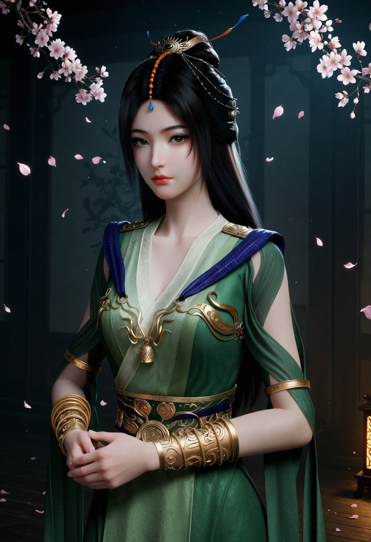 (looking at viewer:1.1),upper body,(Dark room:1.3),(moody lighting:1.1),peach blossom,falling petals,(large breasts:0.8),liuyu,1girl,solo,black hair,hair ornament,long hair,green dress,realistic,dress,chinese clothes,closed mouth,jewelry,bracelet,sash,hair bun,brown eyes,clothing cutout,barefoot BREAK masterpiece,(best quality),(intricate details:0.9),(realistic skin:1.2),<lora:QQSillliuyuV1:0.8>,