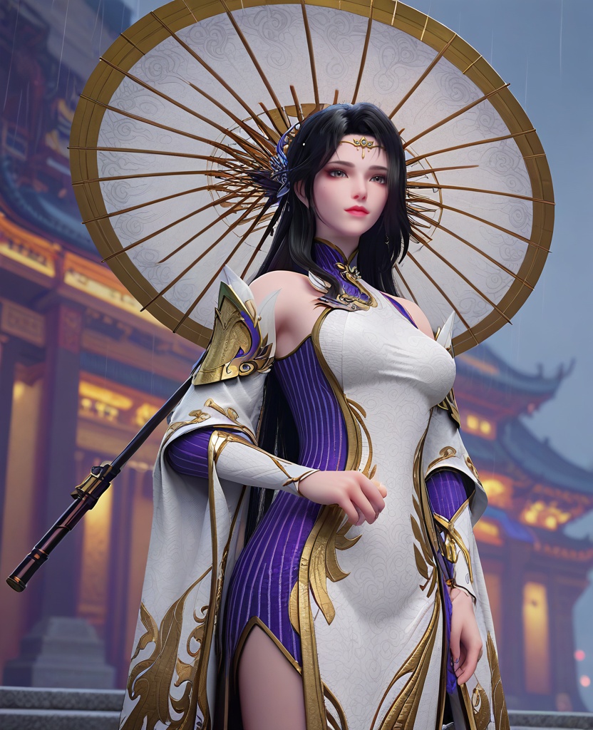 (oriental architecture, elegant decor, sophisticated style:1.1),(Standing on a city street, holding an umbrella in the rain, looking upward,:1.1),looking at viewer,(breasts:1.2),<lora:XL斗破苍穹玄衣:0.95>,miss xuanyi,white paired with purple dress,buff eyes,hair ornament,black hair,long hair,detached sleeves,shawl‌‌,, score_9,score_8_up,score_7_up,score_6_up,score_5_up,score_4_up,3d rendering,tag1,tag2, Cinematic Lighting,backlighting,