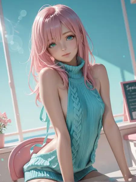 HDR, 8K, high contrast, masterpiece, best quality, amazing quality, realistic, very aesthetic, high resolution, ultra-detailed, absurdres, smooth skin, detailed hair, athletic frame,*****, female pervert, virgin killer sweater, Sitting on Counter chair, looking at viewer,  round face, flat face,pastel color theme, aqua color background, sky-diffused fill, (fogged silhouette), available light, lens flare, depth of field, dutch angle, sunny day,