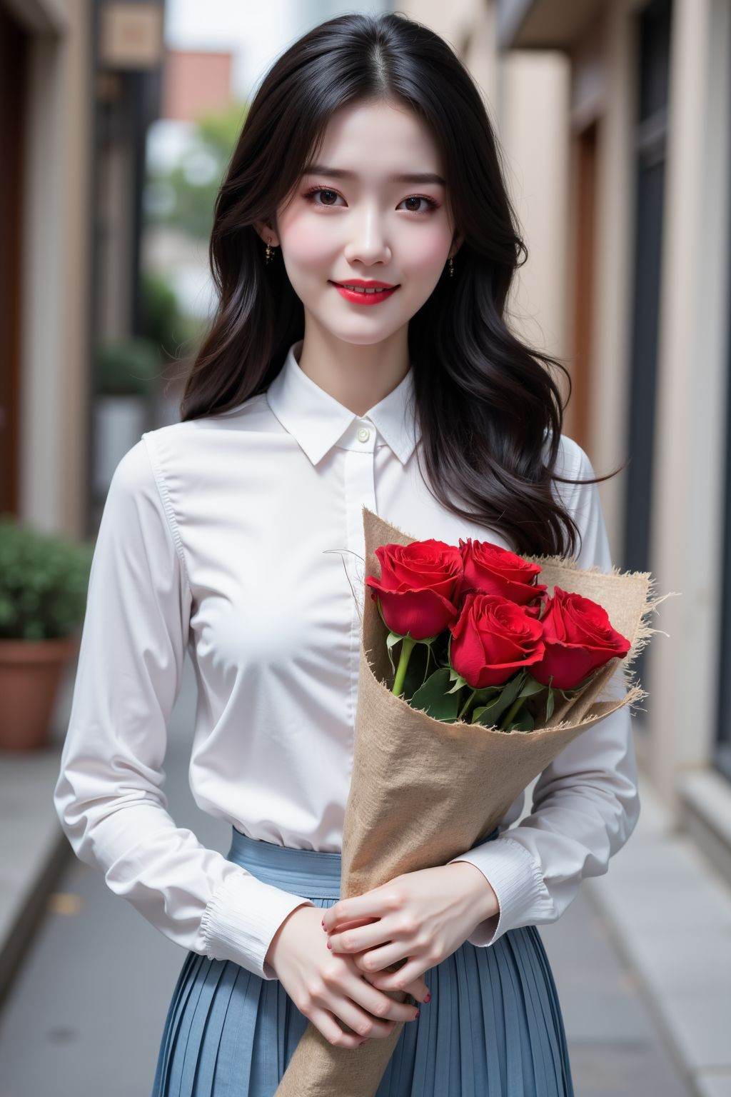 A photograph of a young Asian woman with fair skin and long, wavy black hair. She is wearing a white long-sleeved button-down shirt and blue pleated skirt. She holds a bouquet of vibrant red rose wrapped in a beige burlap cloth with frayed edges. The background in street, The woman's expression is smirk, <lora:AgainAnimeGirlF1Lora10_v2:0.8>