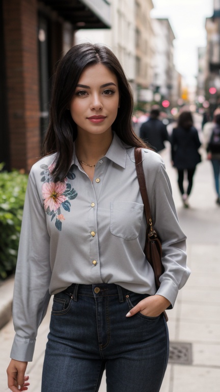 Portrait of a beautiful woman with dark hair,  gray eyes,  open floral Shirt on Tensor.Art