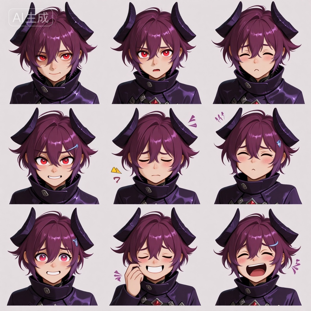 Transform the image into a 9-grid emoji pack featuring the original character (with purple hair,  red eyes,  and dark purp...