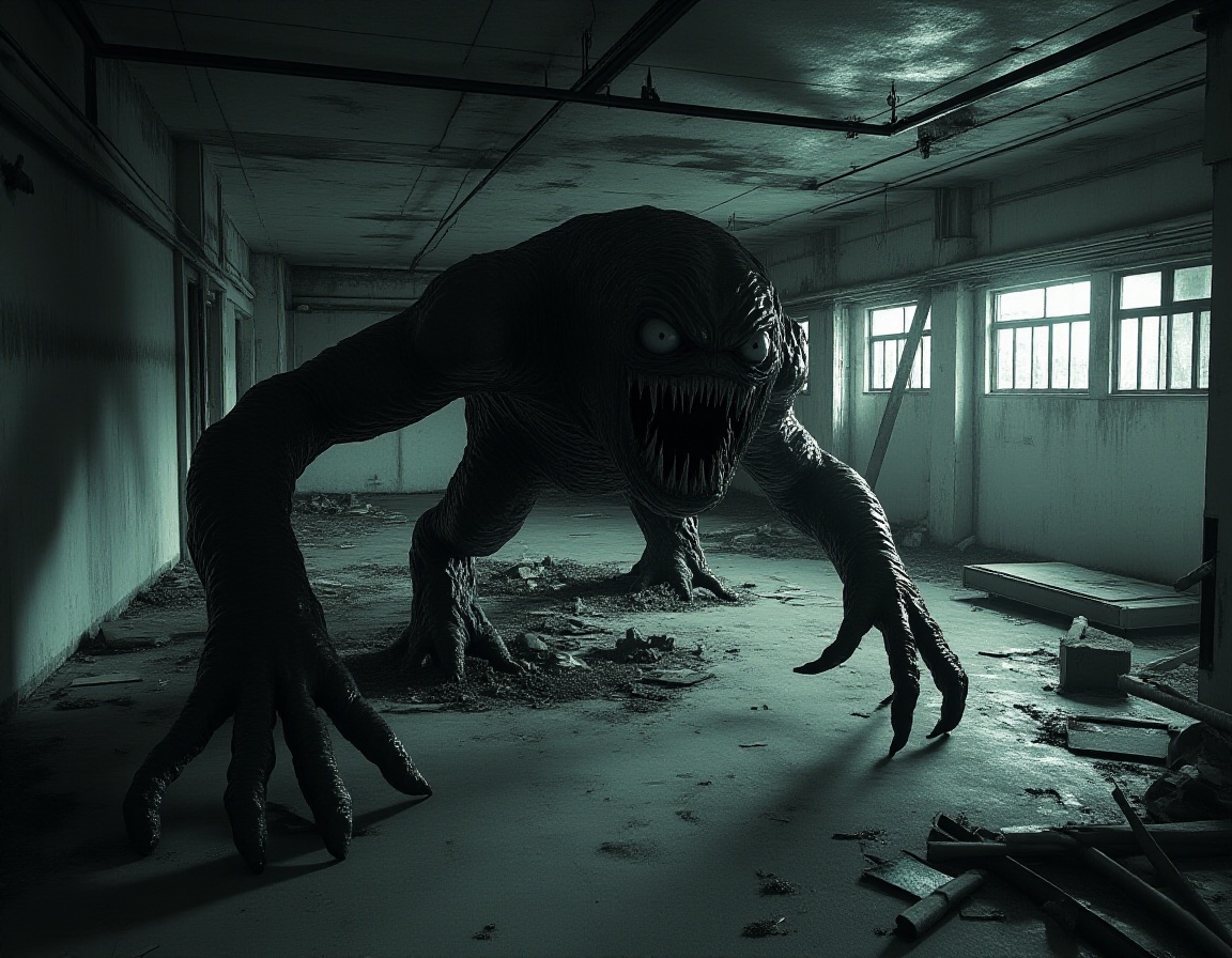 cctv footage of a horror monster,  sneaking around in an abandoned building on Tensor.Art
