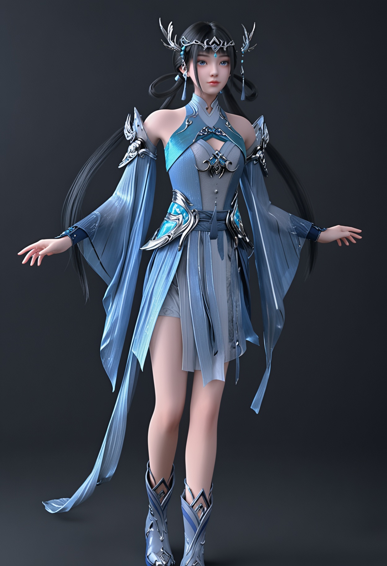(looking_at_viewer:1.2),full body,standing,<lora:YQ_pony_jianyan_V4:0.8>,1girl,q1528437228,solo,black hair,long hair,hair ornament,chinese clothes,hair rings,blue eyes,twintails,jewelry,tiara,earrings,boots,circlet,low twintails,ponytail,blunt bangs,(simple background,pure black background,black background:1.1),perfect_anatomy,