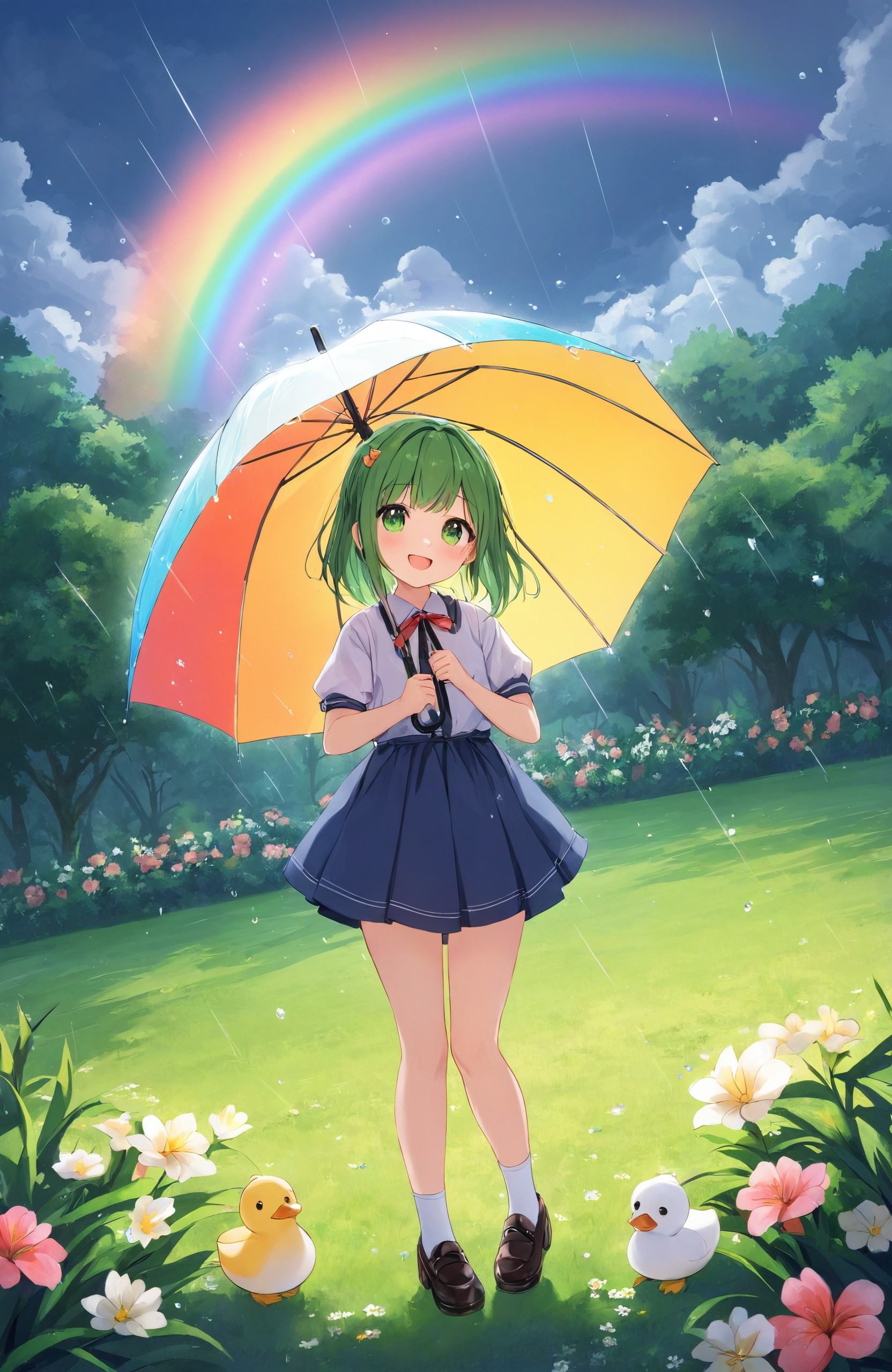 "Heartwarming anime art style, featuring a young girl standing in a lush, green park just after a rainstorm. A beautiful rainbow arches across the sky, and the girl is holding a small umbrella, smiling brightly. A group of playful ducks waddles nearby, adding to the cheerful and innocent atmosphere of the scene."