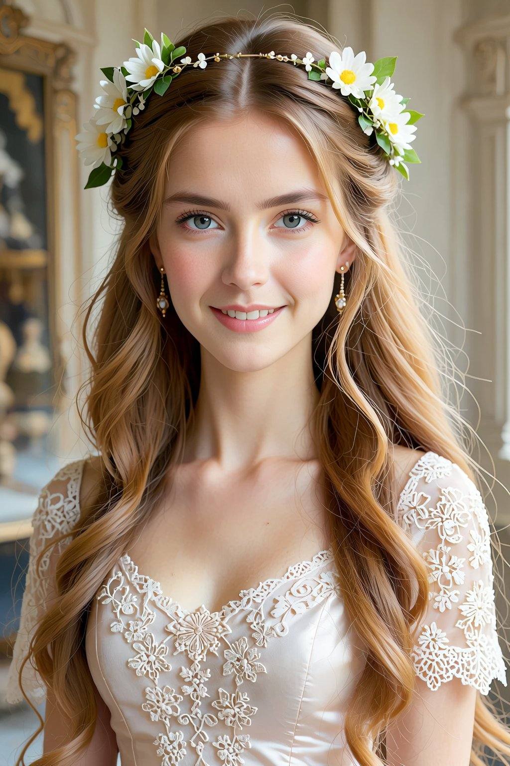 Princess with long,  wavy golden hair that falls gently over her shoulders. Her blue eyes shine with a warm,  kind light b...