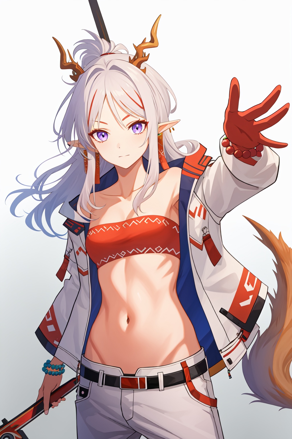 <lora:年-000005:1>,a girl named arknian,arknian,1girl,tube top,tail,strapless,jewelry,bandeau,open clothes,midriff,navel,red bandeau,bracelet,jacket,bead bracelet,crop top,stomach,, (masterpiece,best quality,high quality:1.4),absurdres,