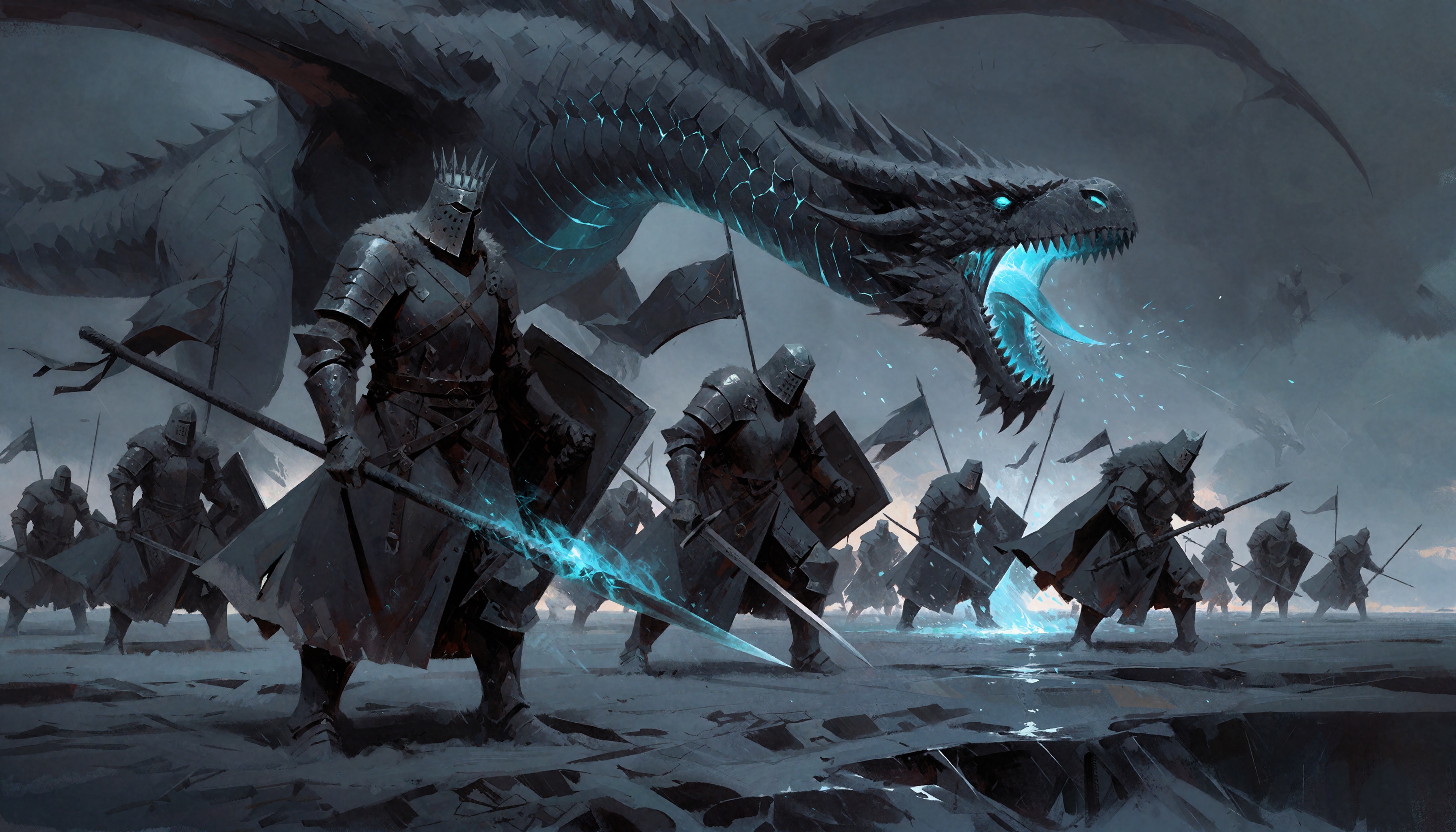 In the style of zhihui,  a horde of grim warriors clad in weathered plate armor with spiked pauldrons and fur-trimmed cloa...
