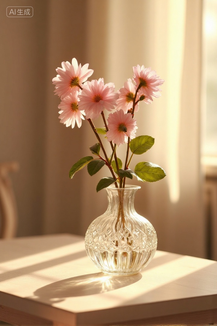 A clear carved glass vase with pink flowers,placed on a sunlit table,soft sunlight streaming through curtains casting gentle shadows on the wall and table,warm and tranquil atmosphere,cozy and serene mood.,, Negative prompt: ng_deepnegative_v1_75t,(badhandv4:1.2),EasyNegative,(worst quality:2),,nsfw, Steps: 30, Sampler: Euler, CFG scale: 3.5, Seed: 1247867119, Size: 720x1080, Model hash: 8cba4f1ef4, Model: F.1基础算法模型-哩布在线可运行_F.1-dev-fp8.safetensors, Denoising strength: 0, RNG: CPU, Lora 1: 20250913-1757780180322-0001, Lora Hash 1: 2c61ab8cf8, Lora Weight 1: 0.8, vae_name: automatic