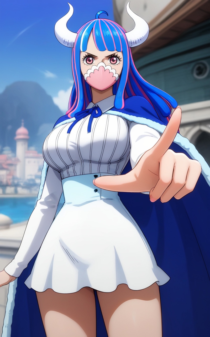 <lora:润媞:0.8>,Ulti one piece,Ulti\(one piece\),1girl,horns,multicolored hair,solo,blue hair,pink hair,mask,mouth mask,covered mouth,ahoge,long hair,cape,pink eyes,pointing,blue cape,streaked hair,curled horns,shirt,white shirt,looking at viewer,outdoors,breasts,sky,large breasts,day,blue sky,2,depth of field,masterpiece,best quality,very aesthetic,alternate costume,alternate costume,2024,2023,perfect composition,ultra-detailed,extreme aesthetic,masterpiece,best quality,good quality,newest,year 2024,year 2023,very aesthetic,absurdres,looking_at_viewer,colorful,