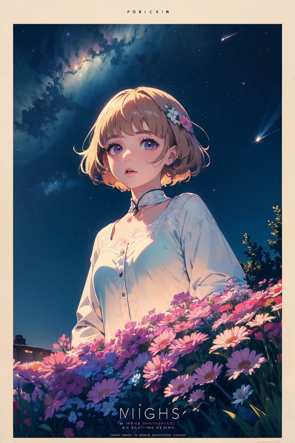 (Best quality), (masterpiece), (detailed details), movie poster, the rendered night sky is full of mystery and magic, as if in the distant space. Bright stars, or dense or sparse, like a pearl inlaid on the sky. The sky is full of flowers, cute and detailed digital art, and anime illustrations,