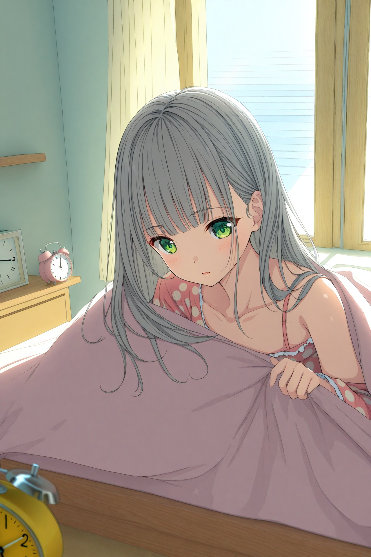 (masterpiece),(best quality),illustration,ultra detailed,hdr,Depth of field,(colorful),loli,1girl,clock,solo,alarm clock,under covers,green eyes,bed,long hair,pillow,indoors,sunlight,curtains,pajamas,grey hair,blanket,window,collarbone,bangs,