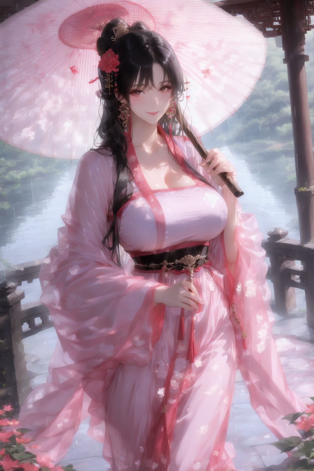 <lora:01仙媳第一版:1>,1girl,umbrella,flower,long hair,holding umbrella,solo,hair ornament,black hair,holding,hair flower,chinese clothes,breasts,hanfu,bug,dress,bridge,earrings,butterfly,oil-paper umbrella,jewelry,large breasts,outdoors,looking at viewer,rain,pink dress,long sleeves,smile,wide sleeves,very long hair,closed mouth,