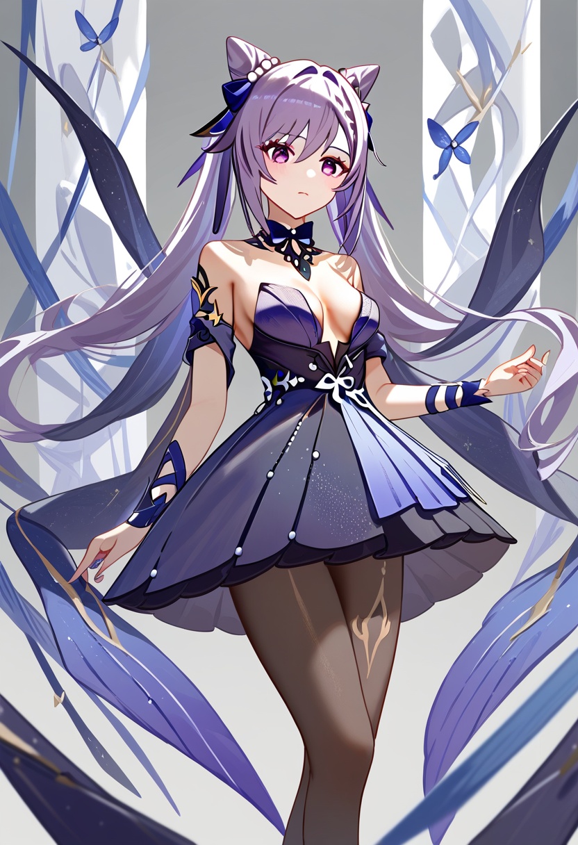 a girl named keqing,keqing,official alternate costume,1girl,bare shoulders,<lora:刻晴皮肤pony:1>,, (score_9,score_8_up,score_7_up),(masterpiece,best quality,high quality:1.2),absurdres,