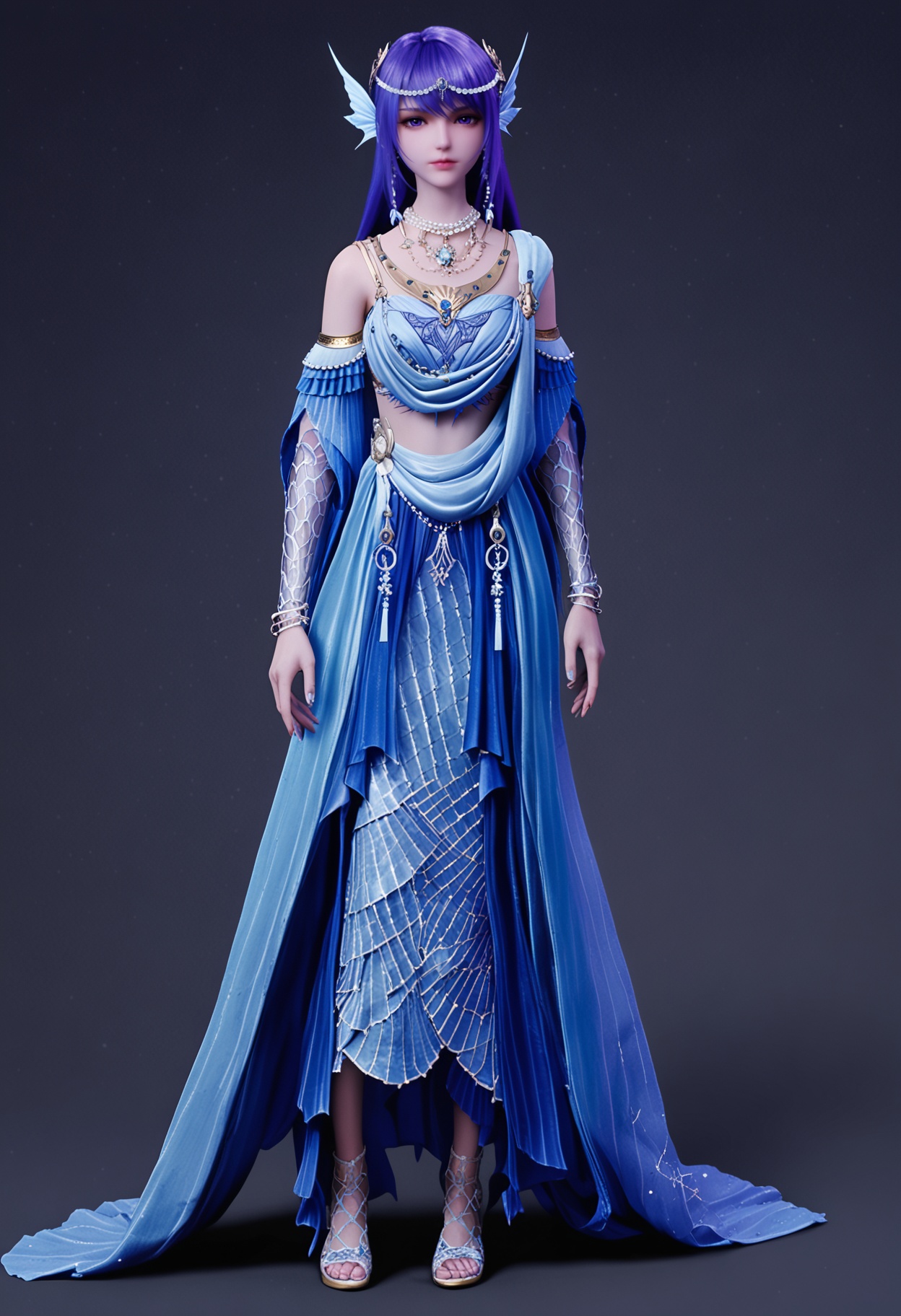 (full_body:1.1),(looking at viewer:1.1),facing viewer,direct gaze,<lora:YQ_pony_shengcaier_fuzhuang5_V4:0.8>,q1528437228,1girl,solo,blue hair,jewelry,long hair,necklace,hair ornament,blue eyes,earrings,fins,head fins,dress,purple eyes,detached sleeves,blue dress,midriff,purple hair,beads,pearl necklace,skirt,bracelet,BREAK (white skin:1.1),(fair skin:1.1),(Ivory skin:1.1),(shiny skin),perfect anatomy,(simple background,pure black background,black background:1.1),