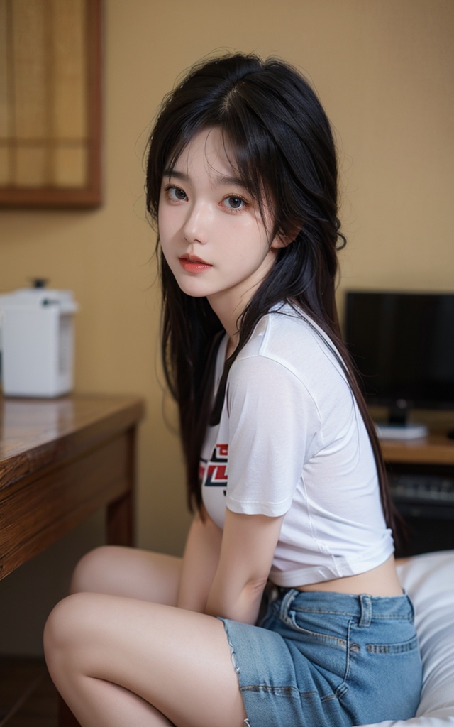 1girl,solo,sitting,long hair,realistic,looking at viewer,black hair,best quality,high quality,4k,8k,(masterpiece:1,2),highres,high resolution,8k,RAW photo 8k,upon_body,photorealistic,dslr,8k uhd,Photograph,full body,beautiful fingers,Bare leg,Beautiful face,fair_skin,white sox,t-shirt,cutoffs,<lora:Student boon boon01-2:0.8>,white socks,