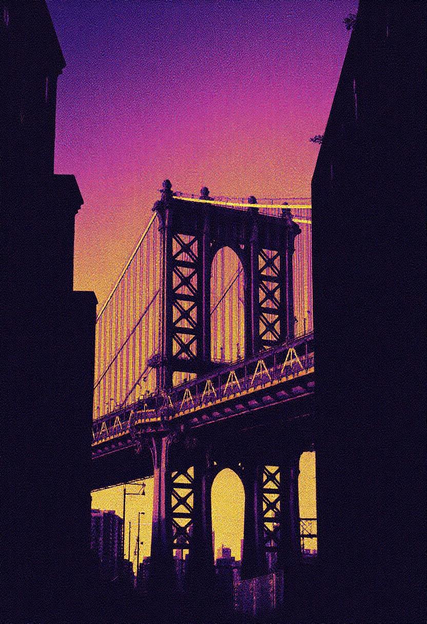 This is a photograph or digital artwork featuring a vibrant,  stylized view of the Manhattan Bridge in New York City,  tak...