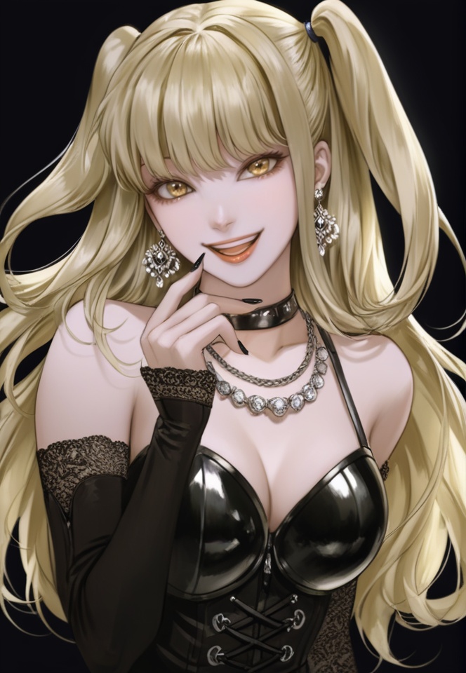 (best quality), ((masterpiece)), (highres), illustration, original, extremely detailed, <lora:美の欲:0.7>1girl, solo, jewelry, earrings, black nails, long hair, smile, black background, detached sleeves, looking at viewer, bangs, two side up, blonde hair, open mouth, upper body, breasts, necklace, yellow eyes, choker, nail polish, corset
