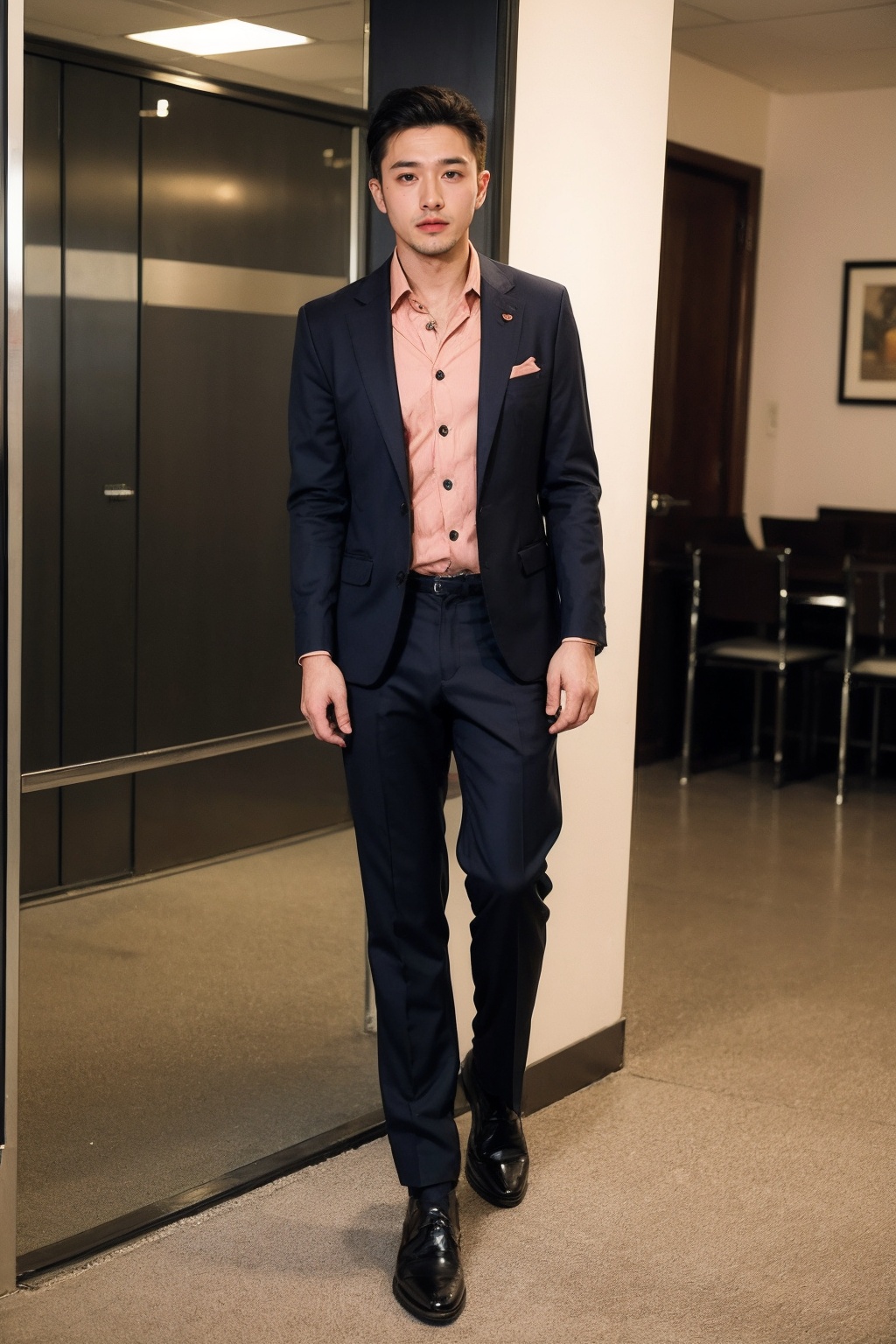 (1man:1.4),(male:1.2),(full body:1.2),(Collared shirt and blazer and suit trousers:1.4),<lora:Male_1:0.8>,