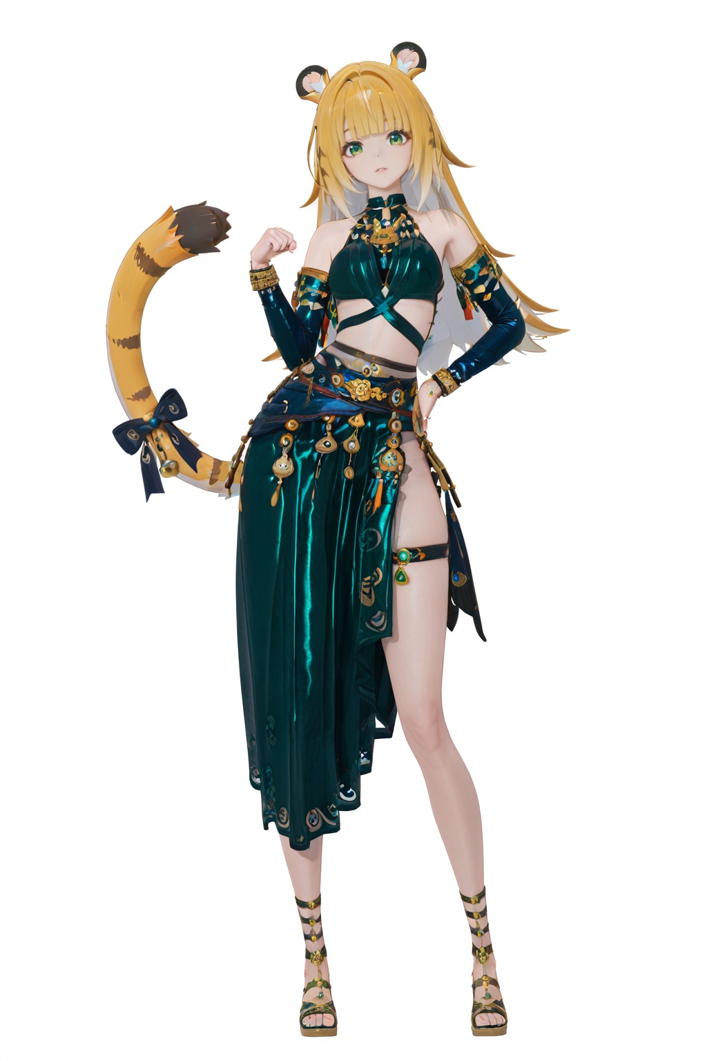 8k,best quality,masterpiece,(ultra-detailed),(high detailed skin),jijia,3d,cg,ambient light,full body,full shot,standing,looking at viewer,(solo:1.2),simple background,(white background:1.2),hand on own hip,(white background:1.1),<lora:jufufu-ill-Tanger-000013:0.8>,Ju fufu \(Zenless Zone Zero\),tiger girl,1girl,green eyes,animal ears,blonde hair,long hair,bangs,tail ornament,<lora:wunvrc-ill-Tanger:0.8>,clothes: Exotic belly dance costume,halter top,jewelry accents,hip scarf,