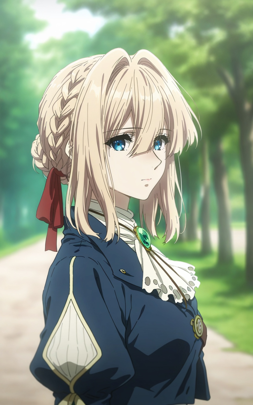 depth of field,masterpiece,best quality,very aesthetic,alternate costume,alternate costume,2024,2023,perfect composition,ultra-detailed,extreme aesthetic,(quasarcake:0.7),masterpiece,best quality,good quality,newest,year 2024,year 2023,very aesthetic,absurdres,looking_at_viewer,colorful,<lora:薇尔莉特ILL:0.8>,violet evergarden,blonde hair,blue eyes,short hair,hair ribbon,red ribbon,braid,braided bun,french braid,braided bun,weimei white ascot,weimei green gem brooch,weimei blue and white jacket,weimei juliet sleeves,weimei puffy sleeves,weimei cropped jacket,1girl,solo,anime coloring,hair intakes,outdoors,jewelry,looking at viewer,portrait,closed mouth,blurry background,blurry,road,lapel pin,tree,official style,